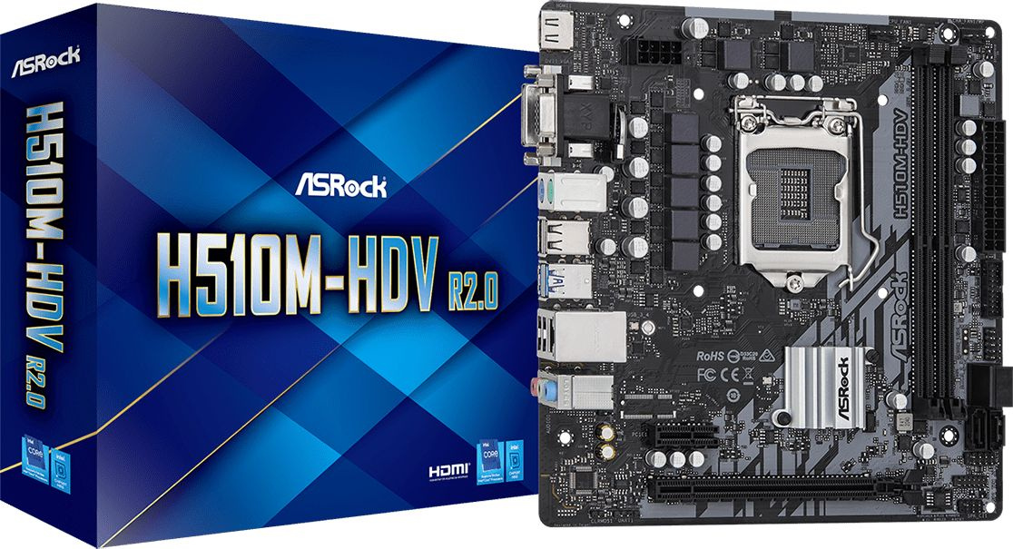 Материнская плата Asrock H510M-HDV R2.0 Soc-1200 Intel H510 2xDDR4 mATX AC`97 8ch(7.1) GbLAN+VGA+DVI+HDMI