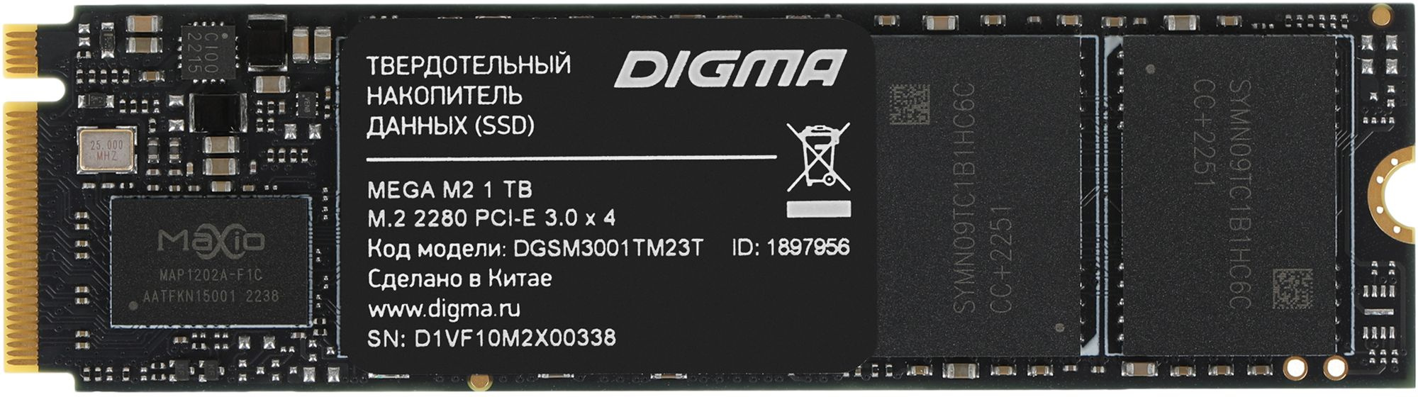 SSD  Digma Mega M2 DGSM3001TM23T 1, M.2 2280, PCIe 3.0 x4,  NVMe,  M.2,  rtl