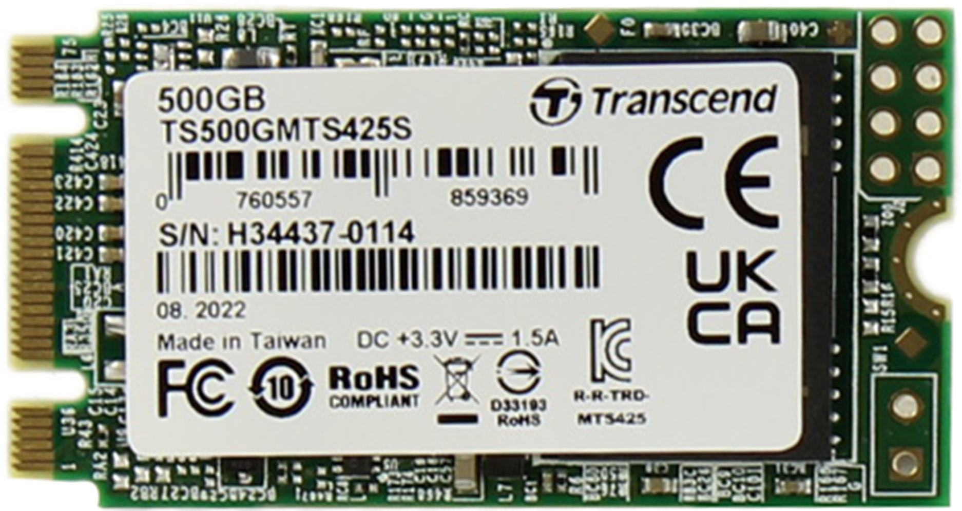 Transcend SSD 425S, 500GB, M,2(22x42mm), SATA3, 3D TLC, R/W 530/480MB/s, IOPs 50 000/75 000, TBW 180, DWPD 0,3