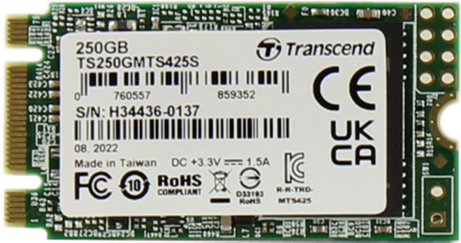 Transcend SSD 425S, 250GB, M,2(22x42mm), SATA3, 3D TLC, R/W 500/330MB/s, IOPs 40 000/75 000, TBW 90, DWPD 0,3