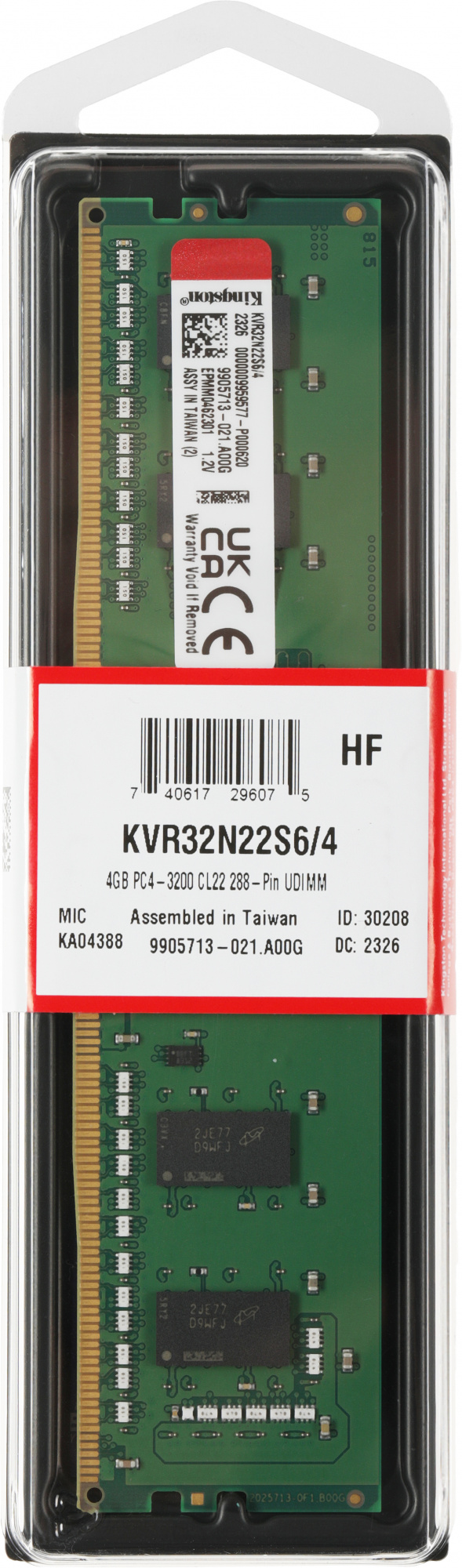  Kingston DIMM 4GB 3200MHz DDR4 Non-ECC CL22  SR x16 (KVR32N22S6/4)