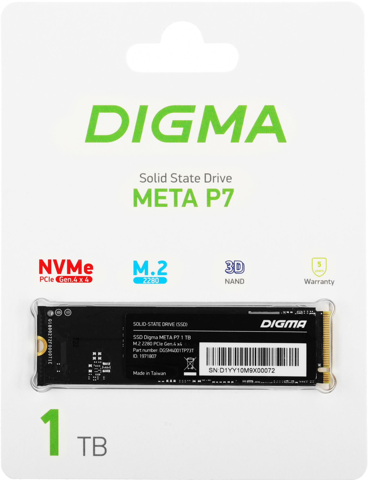 SSD  Digma Meta P7 DGSM4001TP73T 1, M.2 2280, PCIe 4.0 x4,  NVMe,  M.2,  rtl