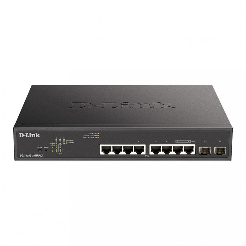 ���������� D-Link DGS-1100-10MPPV2/A3A, EasySmart L2 Switch 8�1000Base-T PoE, 2x1000Base-X SFP, PoE Budget 242W, 2 PoE ports 802.3bt (90W) [DGS-1100-10MPPV2/A3A]