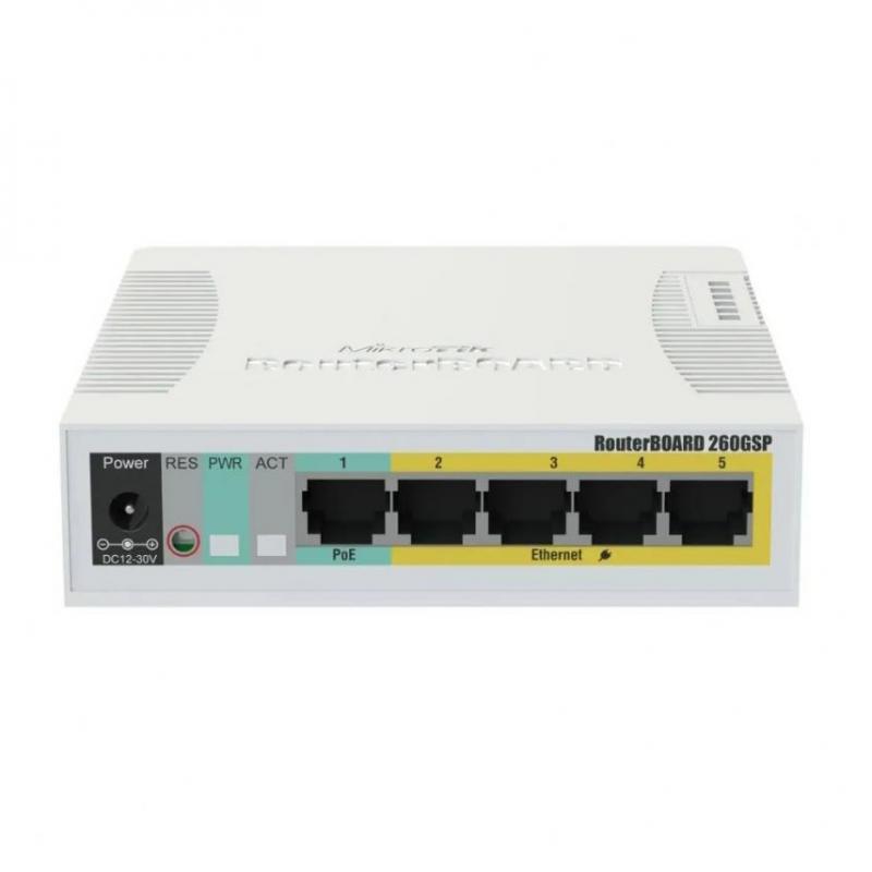 ���������� MikroTik RB260GSP (CSS106-1G-4P-1S) ���������� RouterBOARD 260GSP 1xSFP, 5x10/100/1000 Gigabit Ethernet, PoE with indoor case and power supply