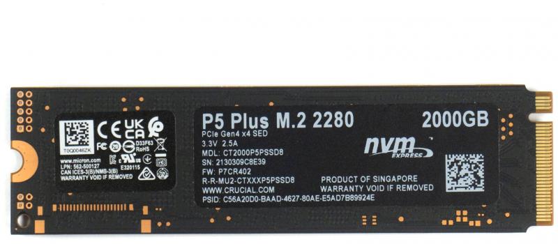 SSD  Crucial P5 Plus, [CT2000P5PSSD8] 2TB, SSD, M.2 2280, NVMe, PCIe 4.0 x4, 3D TLC, R/W 6600/5000MB/s, IOPs 720 000/700 000, 1200TBW