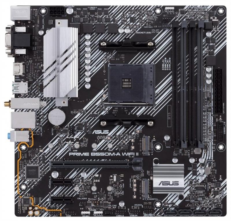   ASUS PRIME B550M-A WIFI II, Socket AM4, B550, 4*DDR4, D-Sub+DVI+HDMI, SATA3 + RAID, Audio, Gb LAN, USB 3.2*8, USB 2.0*4, COM*1 header (w/o cable), mATX ; 90MB19X0-M0EAY0