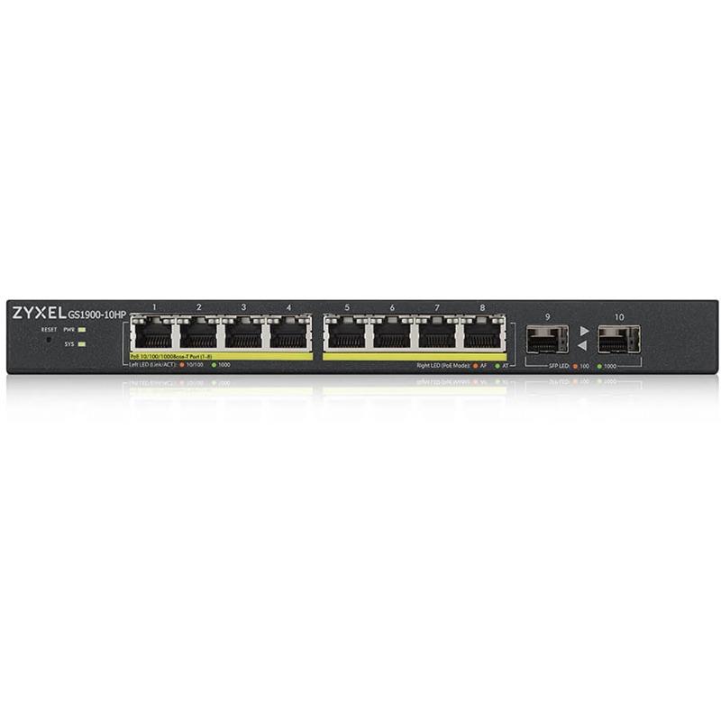  ZyXEL GS1900-10HP-EU0102F Smart L2 PoE+ Switch, 8xGE PoE+, 2xSFP, Desktop, Silent, Budget PoE 77W